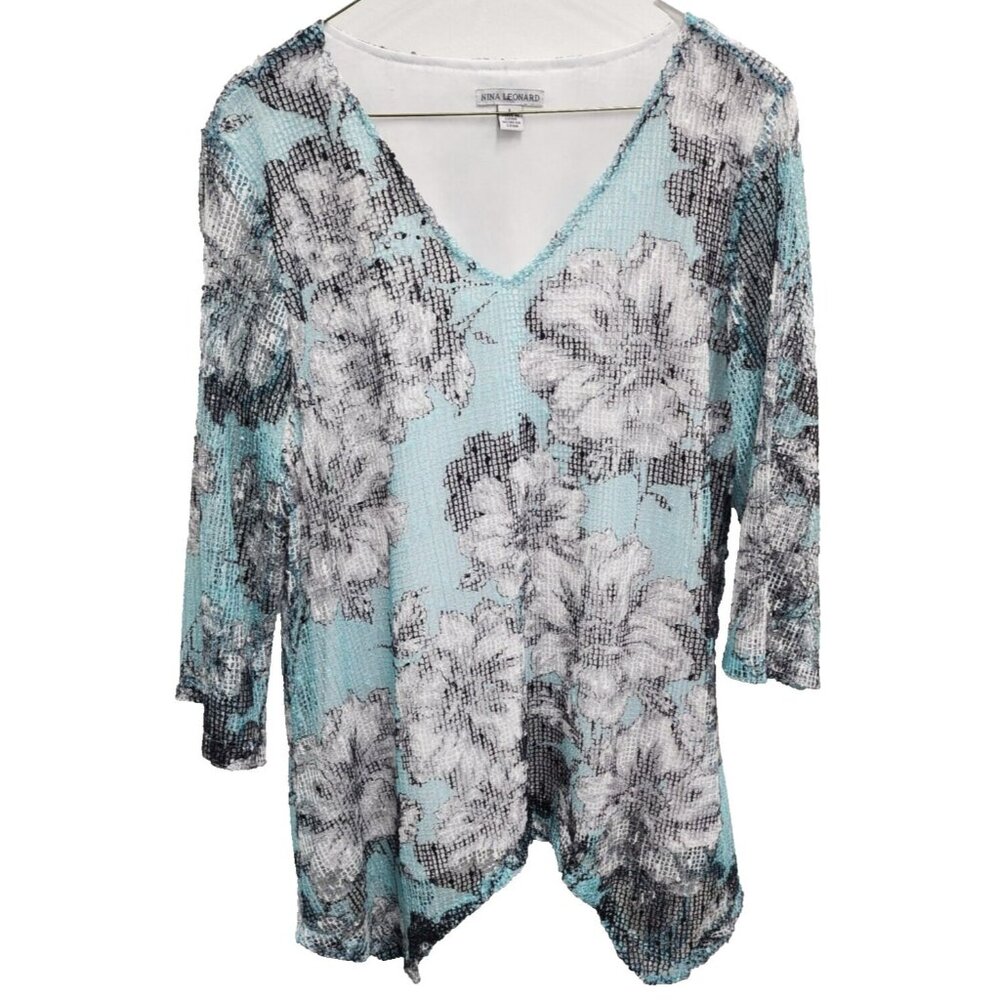 Nina Leonard Womens Artsy Tunic Top Large Blue Floral Mesh Lined 3/4 Sleeve BOHO
